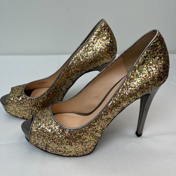 Guess Glitter Multicolor Gold Peep Toe Platform Heels Holiday Women's Size 9M - Picture 4 of 16